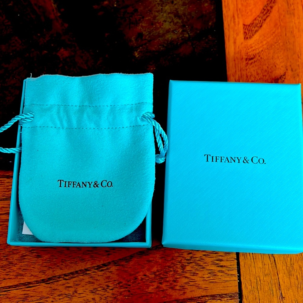 Tiffany & Co 3 3/4” x 2 3/4” jewelry box, pouch and sterling silver care card